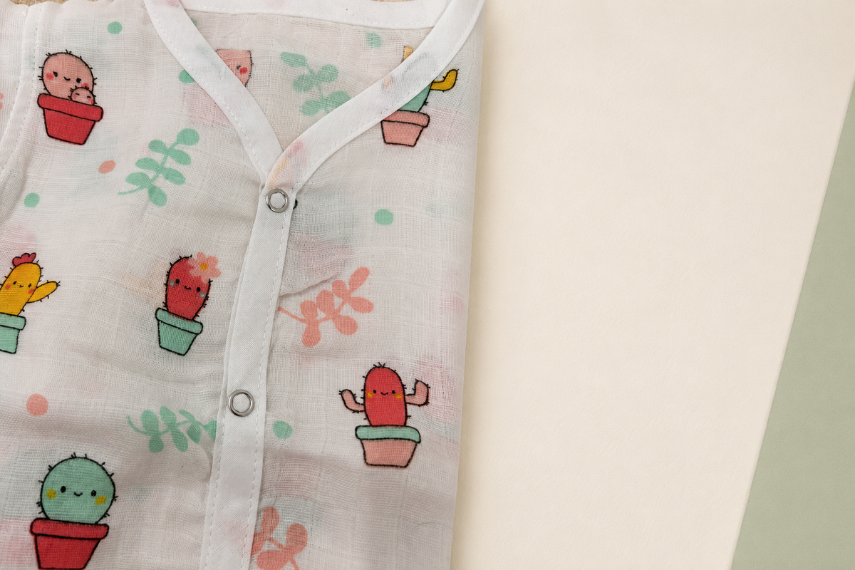 Close detail of Maison Joey muslin fabric and playful print