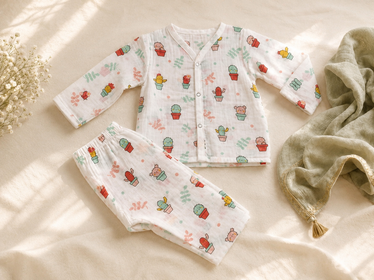 Maison Joey cactus-print muslin night suit arranged in soft natural light