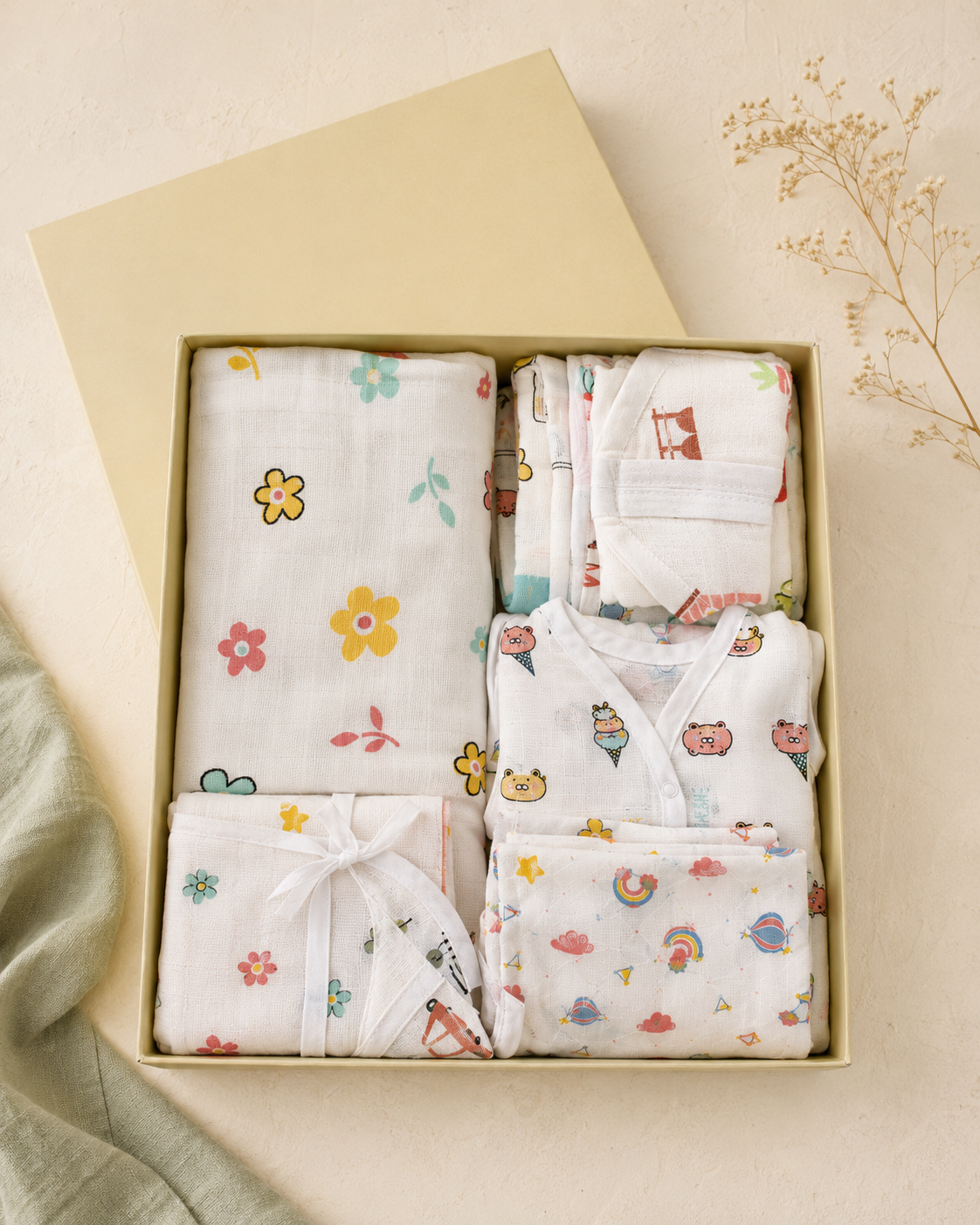 Maison Joey muslin baby gift box with assorted playful essentials on a warm ivory editorial background
