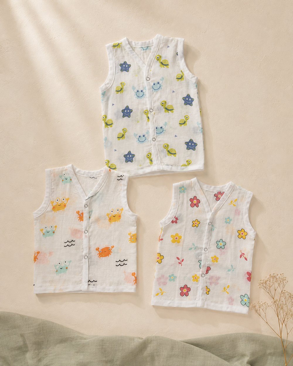 Maison Joey pack of three sleeveless muslin jhablas in sea, crab and flower prints on a warm ivory editorial background