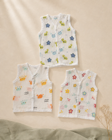 Maison Joey pack of three sleeveless muslin jhablas in sea, crab and flower prints on a warm ivory editorial background