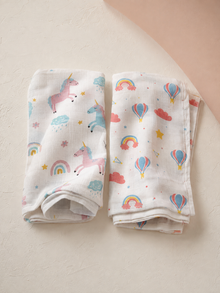 Maison Joey pack of two muslin swaddles in unicorn and rainbow balloon prints