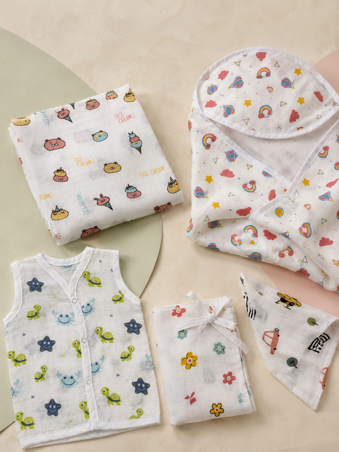 Curated Maison Joey newborn muslin essentials in assorted playful prints