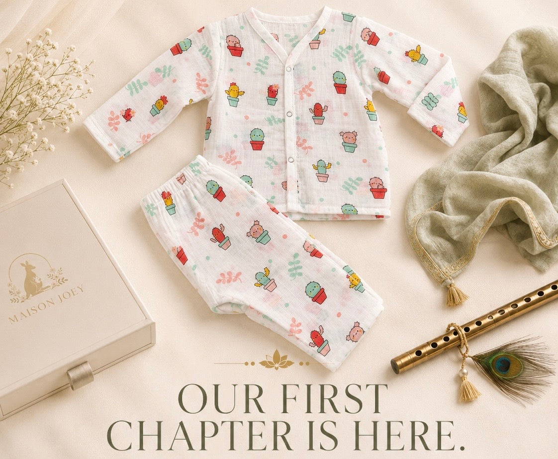 Maison Joey cactus muslin set styled with gift box, sage textile and Janmashtami flute