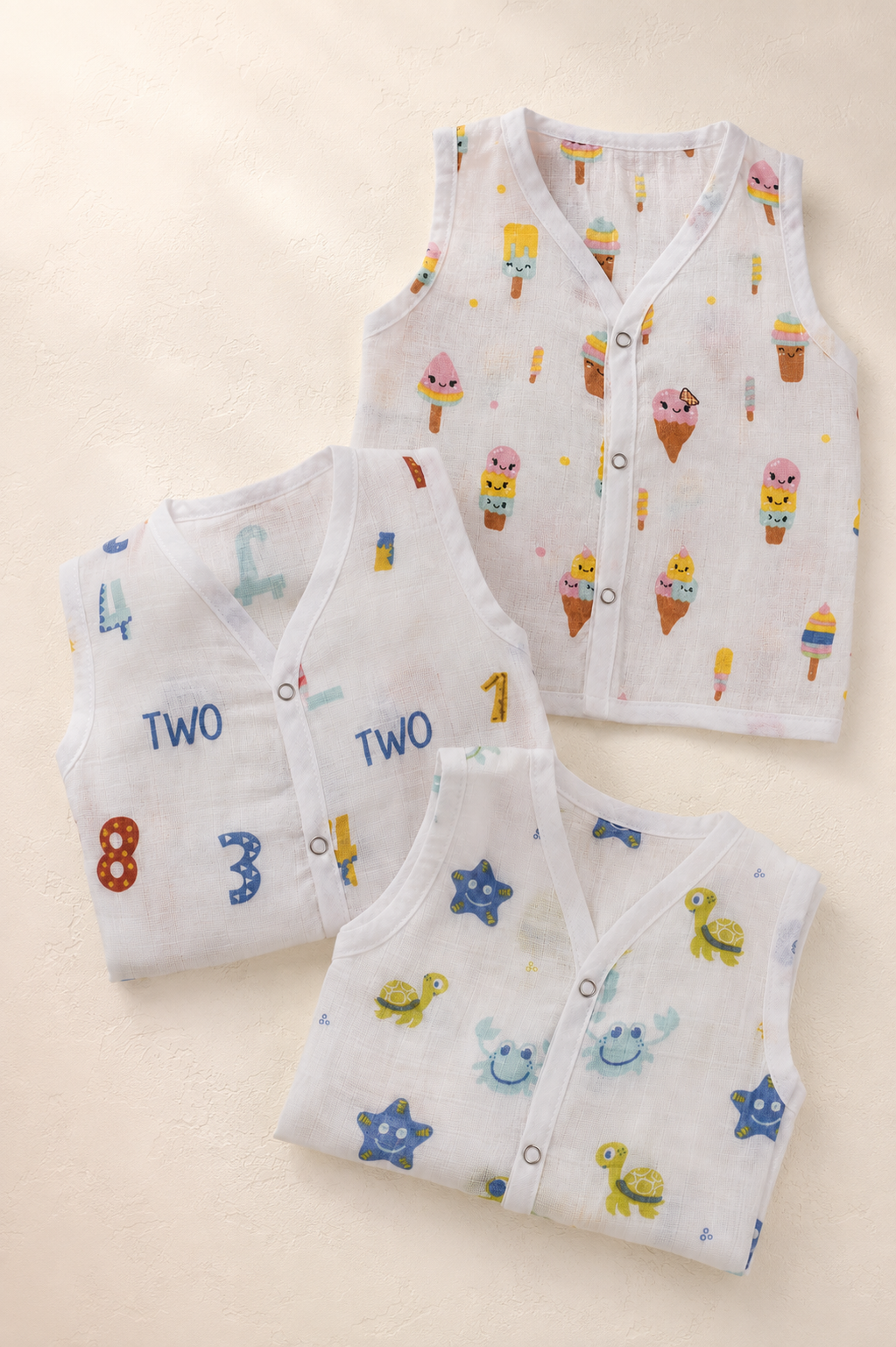 Maison Joey muslin jhablas pack of three, alternate studio angle